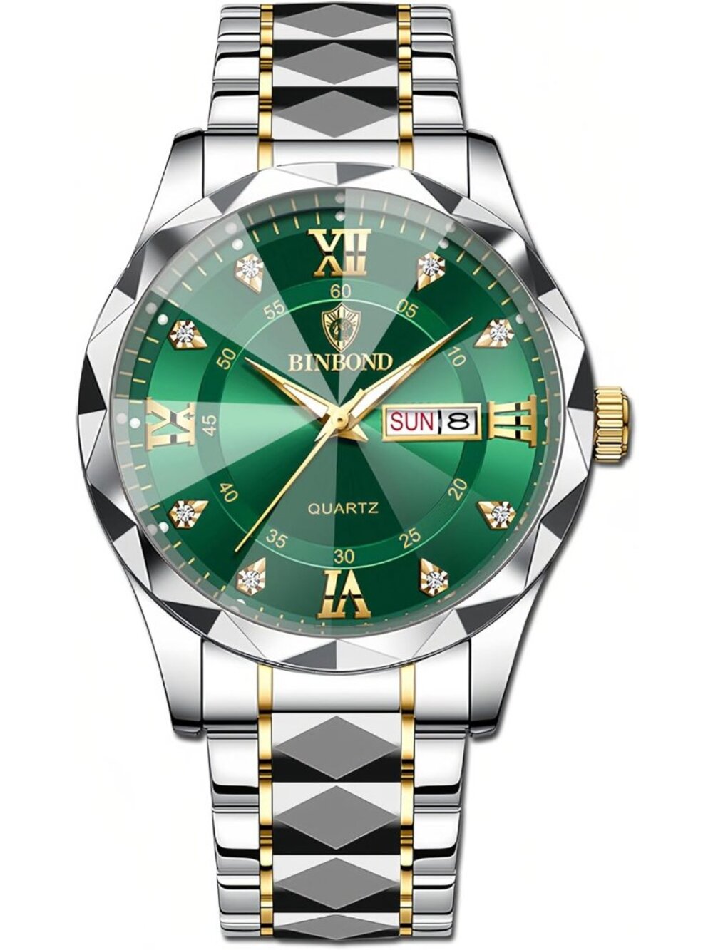 Men's Silver And Green Analog Stainless Steel Roman Numeral Diamond Luxury Watch